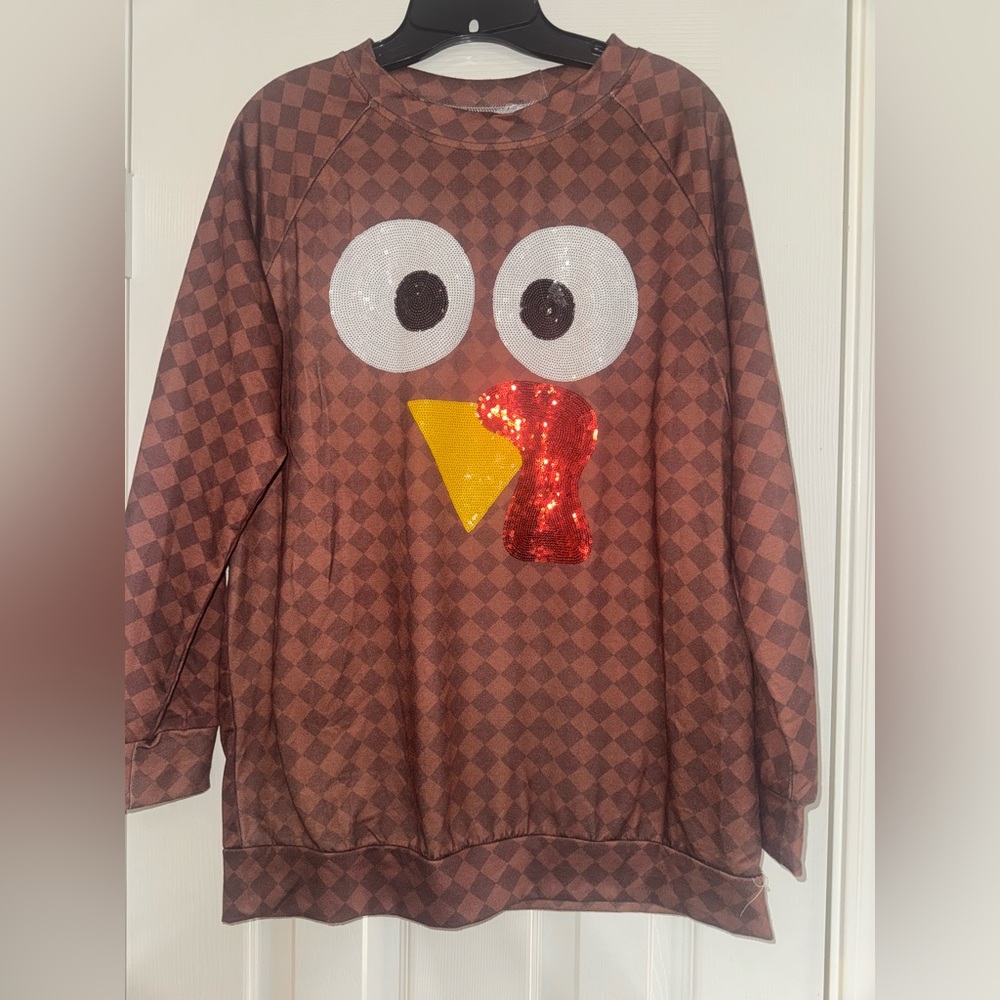 Sugar Stitch Brown Checkered Sweatshirt with Fun Turkey Graphic
